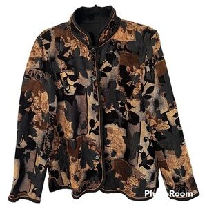 Vintage black & gold brocade style jacket, L, buttons, floral patchwork design.